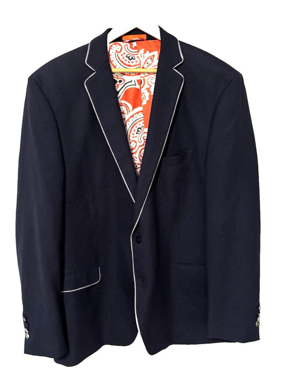 Tallia Men’s Sports Coat Blazer Navy Blue White Piping Vibrant red Paisley 48L